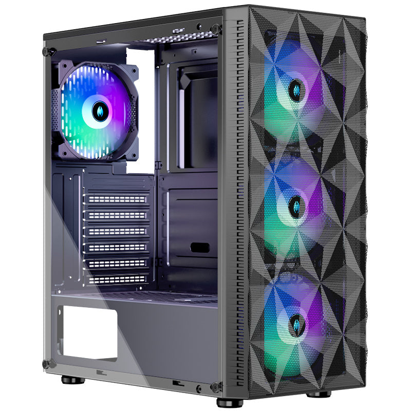 PC Case Pre-Install 4 RGB Fans, ATX Gaming Computer Case with Diamond-Shaped Mesh Front & Tempered Glass Side Panel, USB 3.0 Airflow Mid Tower case