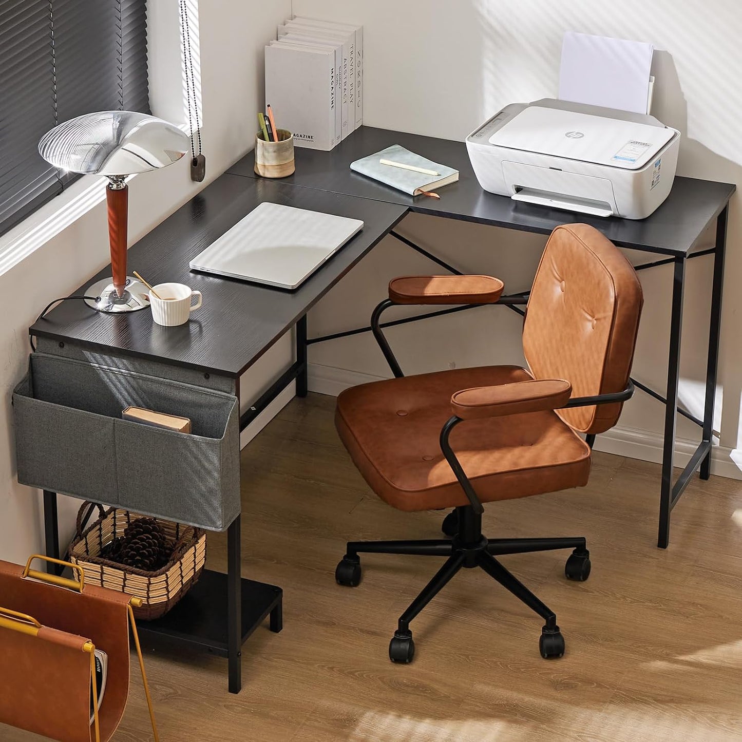 Office Shared Space 50Inch L Shaped Computer Desk - Gaming Table Corner Desk PC Writing Desk Study Desks with Wooden Desktop CPU Stand Side Bag Reversible for Home Office Dorm Small Space