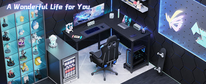 Office Shared Space 50Inch L Shaped Computer Desk - Gaming Table Corner Desk PC Writing Desk Study Desks with Wooden Desktop CPU Stand Side Bag Reversible for Home Office Dorm Small Space