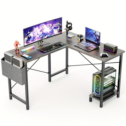 Office Shared Space 50Inch L Shaped Computer Desk - Gaming Table Corner Desk PC Writing Desk Study Desks with Wooden Desktop CPU Stand Side Bag Reversible for Home Office Dorm Small Space