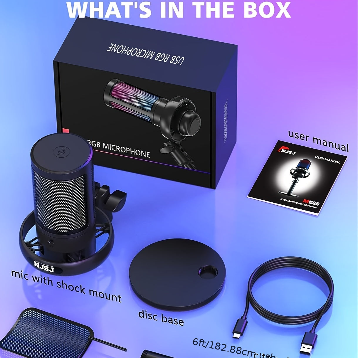 USB Condenser Microphone - Plug-and-Play for PC, PS4, PS5, Mac, and Phone with Touch Mute, Brilliant RGB Lighting, Gain Knob, Monitoring Jack, and Volume Control for Streaming, Podcasting, and Online Calls - NJSJ Brand