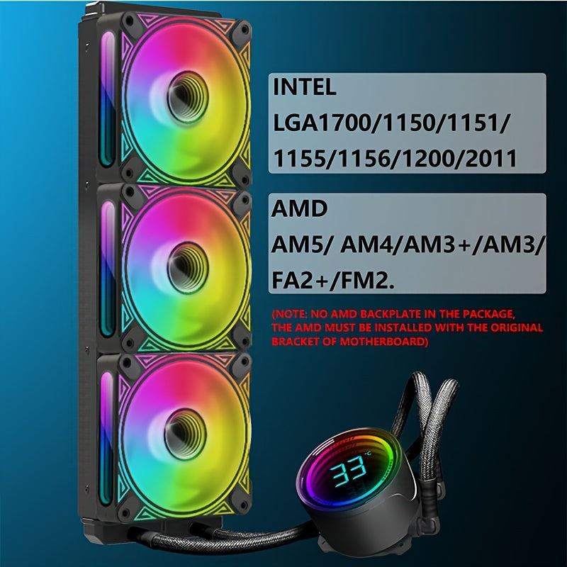 360MM Black ARGB Liquid CPU Water Cooling With 3 X 120mm ARGB PWM Fan, Temperature Display, Computer Water Cooling
