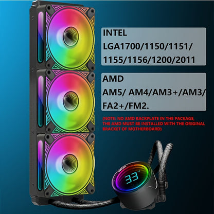360MM Black ARGB Liquid CPU Water Cooling With 3 X 120mm ARGB PWM Fan, Temperature Display, Computer Water Cooling
