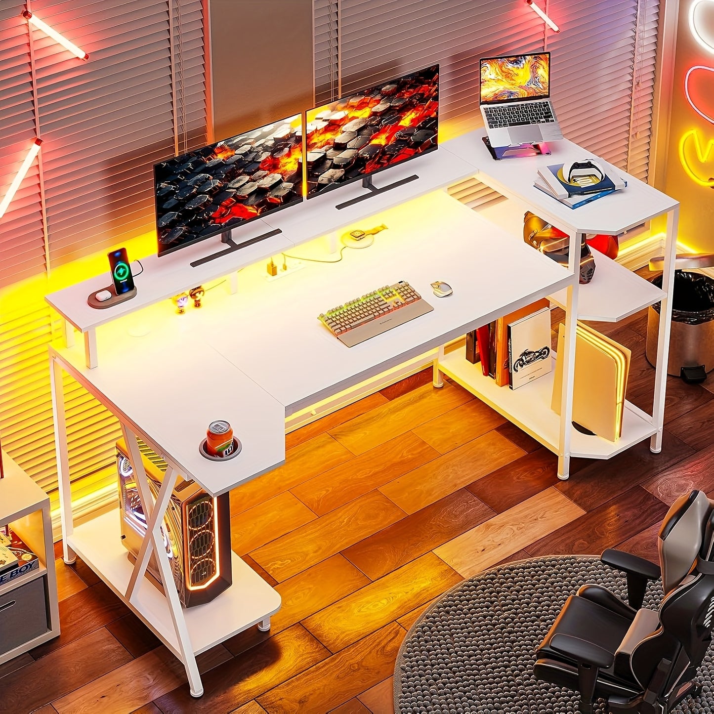 [Gaming Desk, LED Lights] 55'' Large Gaming Desk With LED Lights, Storage Shelves, Monitor Stand, Power Outlets And Cup Holder, Computer Desk, PC Gamer Desk, Gaming Table For Bedroom Living Room, Black