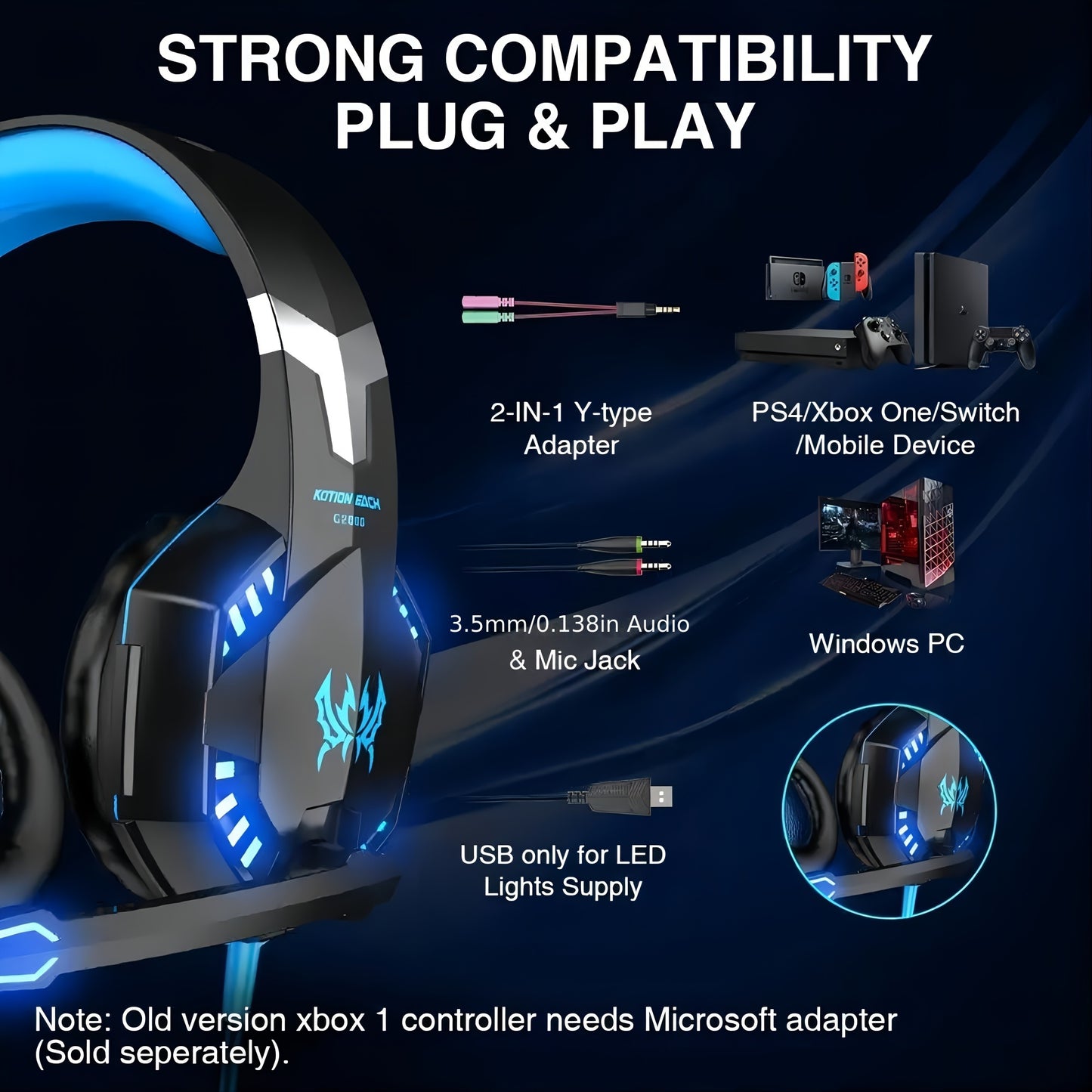 G2000 Gaming Headset with Mic LED Light Over Ear Wired Headphones for PC Game, Video Games Ps 5
