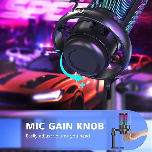 USB Condenser Microphone - Plug-and-Play for PC, PS4, PS5, Mac, and Phone with Touch Mute, Brilliant RGB Lighting, Gain Knob, Monitoring Jack, and Volume Control for Streaming, Podcasting, and Online Calls - NJSJ Brand
