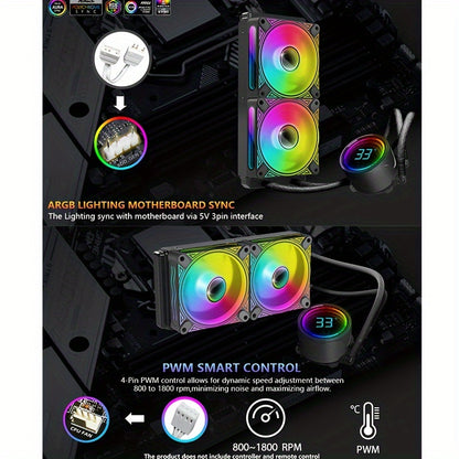 240MM Black ARGB Liquid CPU Water Cooling With 2 X 120mm ARGB PWM Fan, Temperature Display, Computer Water Cooling