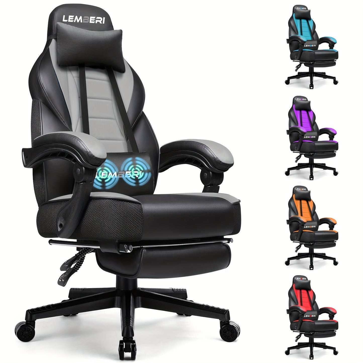 400lb Capacity LEMBERI Big And Tall Gaming Chair - Ergonomic Racing Style Computer Gamer With Headrest, Lumbar Support, And Footrest