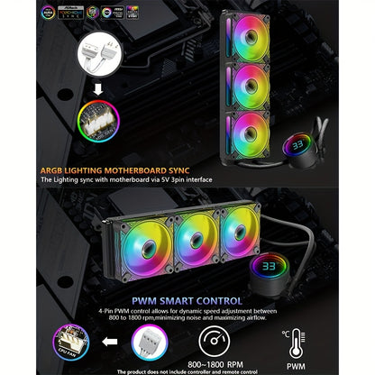 360MM Black ARGB Liquid CPU Water Cooling With 3 X 120mm ARGB PWM Fan, Temperature Display, Computer Water Cooling