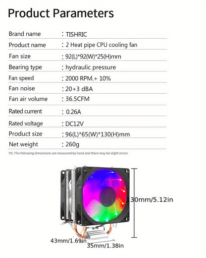 TISHRIC CPU Processor Cooler Cooling Fan RGB 3Pin PWM 2 Heat Pipes CPU Cooler Radiator PC Fan For Intel 1200 1150 1151 1155 1700 AM3 AM4.