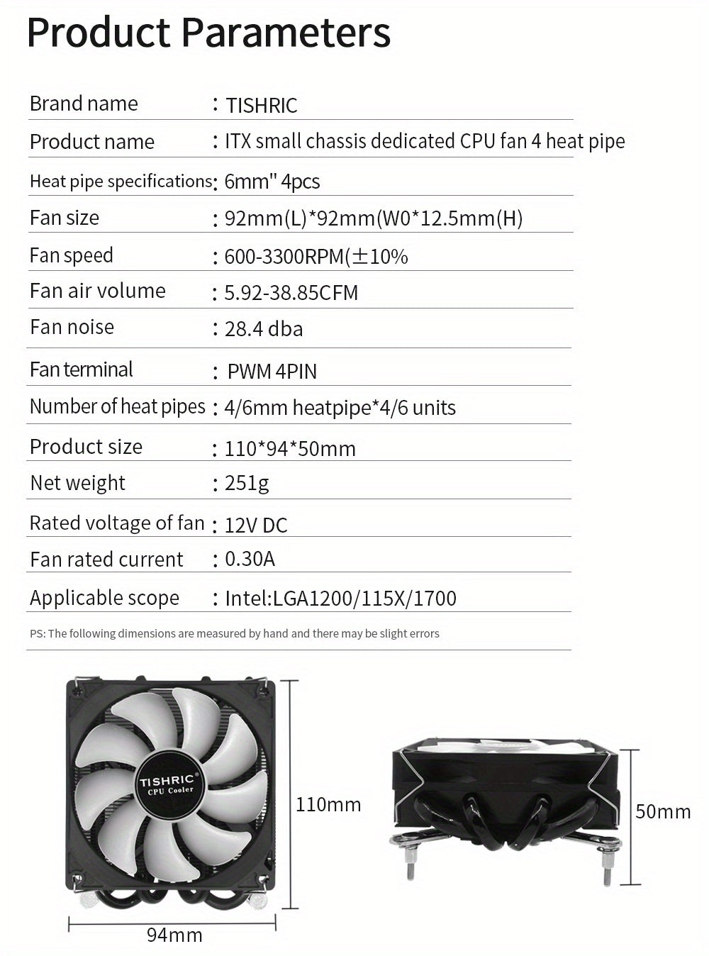 ITX CPU Cooler Fan RGB 4Pin PWM 4 Heat Pipe Tower Air Cooler Intel LGA1700 1150 1155 115X 1200 Processor Cooler Radiator ITX Small Chassis Dedicated CPU Fan 4 Heat Pipe Fan Speed 600-3300RPM ±