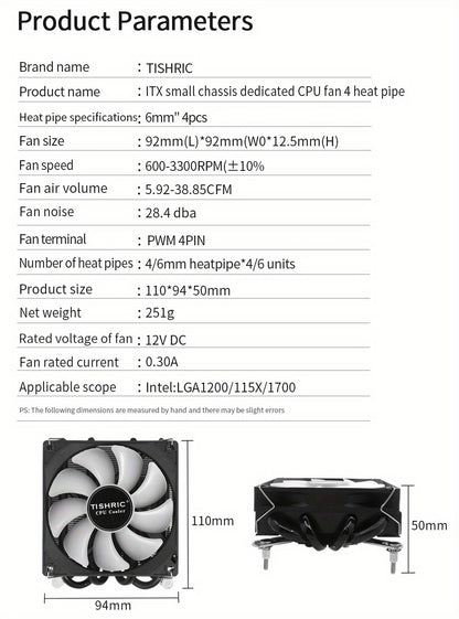 ITX CPU Cooler Fan RGB 4Pin PWM 4 Heat Pipe Tower Air Cooler Intel LGA1700 1150 1155 115X 1200 Processor Cooler Radiator ITX Small Chassis Dedicated CPU Fan 4 Heat Pipe Fan Speed 600-3300RPM ±