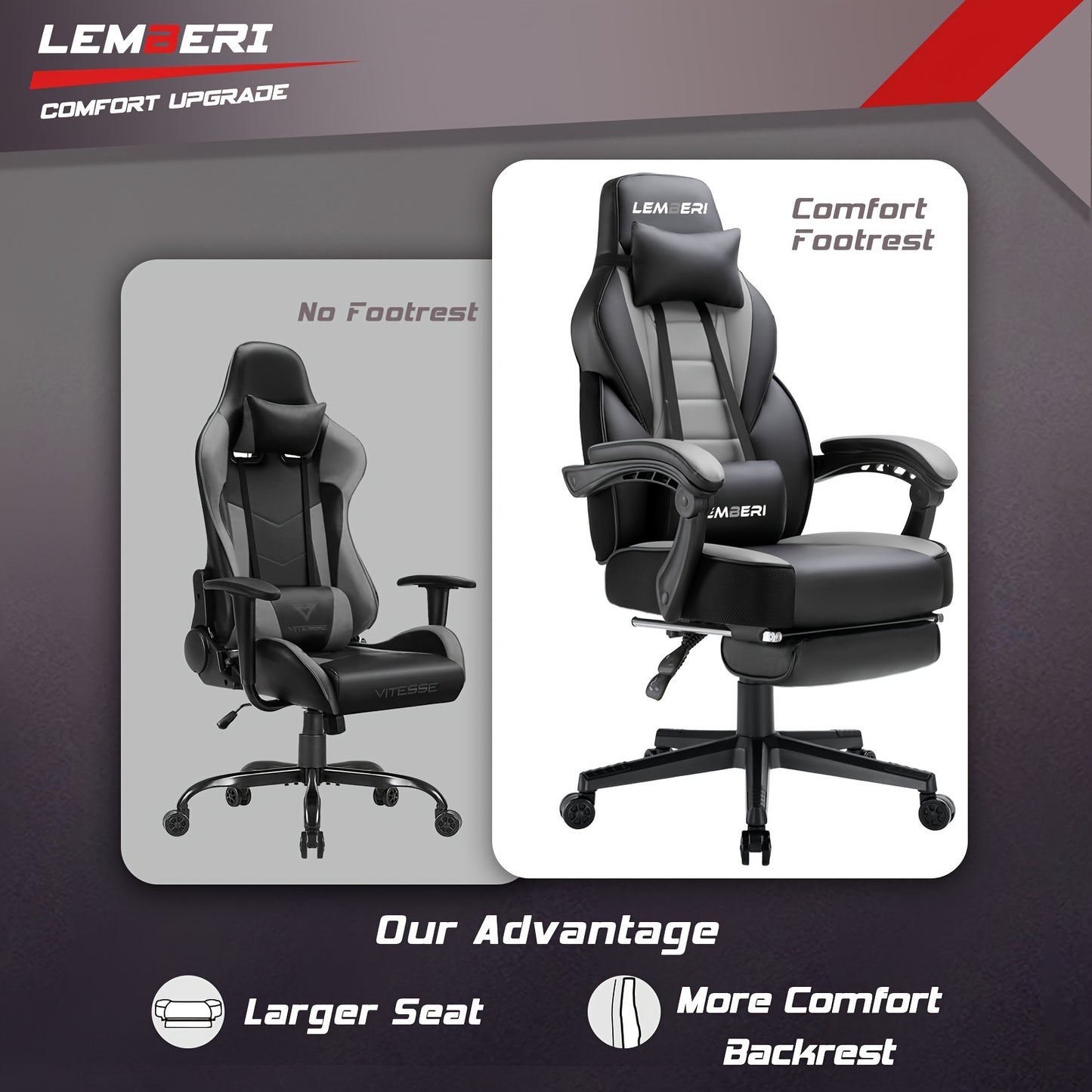 400lb Capacity LEMBERI Big And Tall Gaming Chair - Ergonomic Racing Style Computer Gamer With Headrest, Lumbar Support, And Footrest