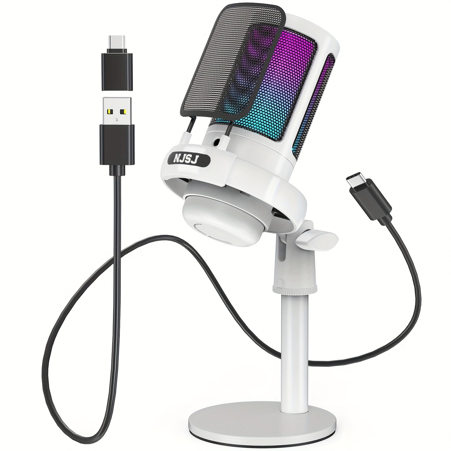 USB Condenser Microphone - Plug-and-Play for PC, PS4, PS5, Mac, and Phone with Touch Mute, Brilliant RGB Lighting, Gain Knob, Monitoring Jack, and Volume Control for Streaming, Podcasting, and Online Calls - NJSJ Brand