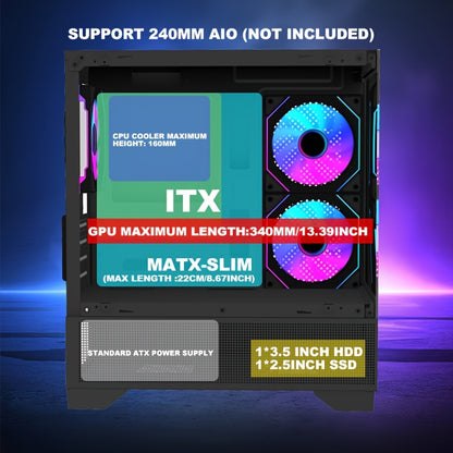 MATX-SLIM ITX Gaming PC Case with 3x120mm ARGB Fans, 270° Full View Tempered Glass Mid Tower, USB 3.0, Air Cooling, Mini-ITX Compatible, Compact Design for Small Spaces, Vibrant Pc Setup | Sleek Midtower | Sleek Construction