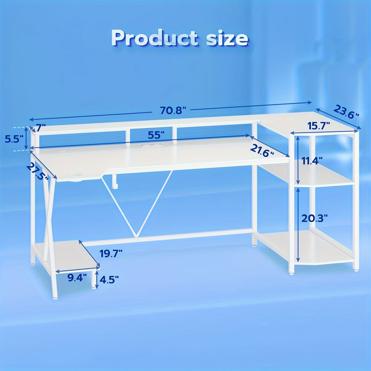 [Gaming Desk, LED Lights] 55'' Large Gaming Desk With LED Lights, Storage Shelves, Monitor Stand, Power Outlets And Cup Holder, Computer Desk, PC Gamer Desk, Gaming Table For Bedroom Living Room, Black