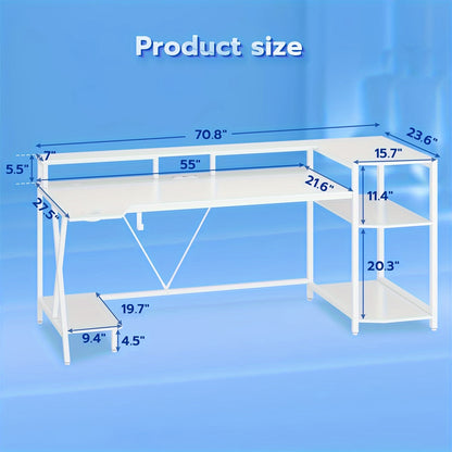 [Gaming Desk, LED Lights] 55'' Large Gaming Desk With LED Lights, Storage Shelves, Monitor Stand, Power Outlets And Cup Holder, Computer Desk, PC Gamer Desk, Gaming Table For Bedroom Living Room, Black