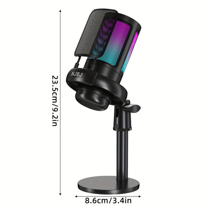 USB Condenser Microphone - Plug-and-Play for PC, PS4, PS5, Mac, and Phone with Touch Mute, Brilliant RGB Lighting, Gain Knob, Monitoring Jack, and Volume Control for Streaming, Podcasting, and Online Calls - NJSJ Brand
