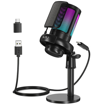 USB Condenser Microphone - Plug-and-Play for PC, PS4, PS5, Mac, and Phone with Touch Mute, Brilliant RGB Lighting, Gain Knob, Monitoring Jack, and Volume Control for Streaming, Podcasting, and Online Calls - NJSJ Brand