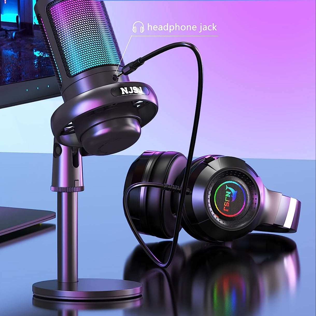 USB Condenser Microphone - Plug-and-Play for PC, PS4, PS5, Mac, and Phone with Touch Mute, Brilliant RGB Lighting, Gain Knob, Monitoring Jack, and Volume Control for Streaming, Podcasting, and Online Calls - NJSJ Brand