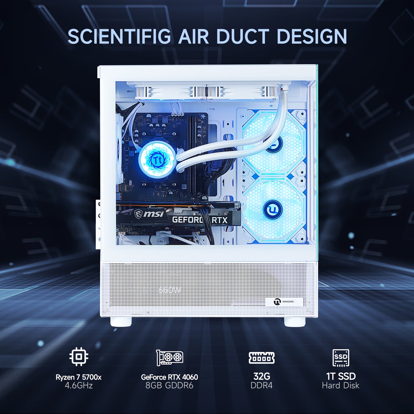 NINGMEI Gaming Computer with Ryzen 7 5700X Processor, NVIDIA GeForce RTX 4060 GPU, 1TB SSD, 32GB RAM, 240mm Water Cooling, 4GB RGB Fins, and 2 USB-C Ports - Desktop PC for PC, Sleek Tower Design, Efficient Power Supply