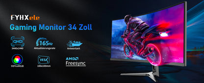 34 Inch Monitor 165Hz VA WQHD Desktop Wide Display 21:9 LED Gamer Computer Screen 1500R Curved DP/3440*1440