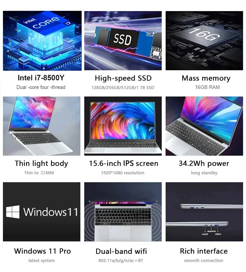 15.6" Gaming Laptop intel Core i7 8500Y Notebook PC 1920*1200 16GB DDR4 1TB SSD Windows 11 Pro Laptop Gamer notebook computer