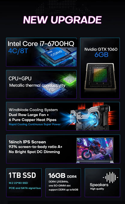 16“Gaming Laptop Computer intel Core i7-6700HQ GTX 1060 Notebook PC 120Hz Full HD IPS 16GB DDR4 1TB SSD Windows 11 Laptop Gamer