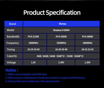 Netac DDR4 RAM Memory DDR4 32GB 16GB 8GB DDR5 4800MHz Memoria RAM DDR4 3200MHz 3600MHz 2666MHz XMP for AMD Intel Motherboard