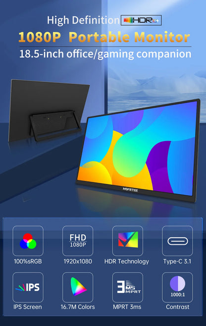 HGFRTEE Portable Gaming Monitor 18.5 Inch 1080P 16:09 120Hz 100%sRGB 300Cd/m² Travel Screen for MacBook Laptop PC Game Consoles