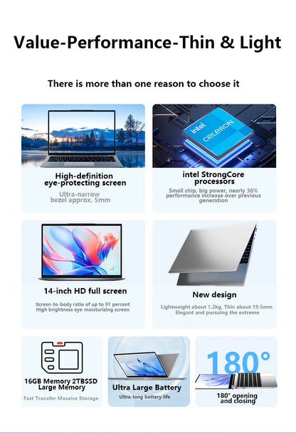 14.1" Ultra Slim Laptop 16GB RAM 2TB SSD Intel N3700 Notebook Gamer  1920*1080 Display Windows 11 Pro Office Study Computer PC