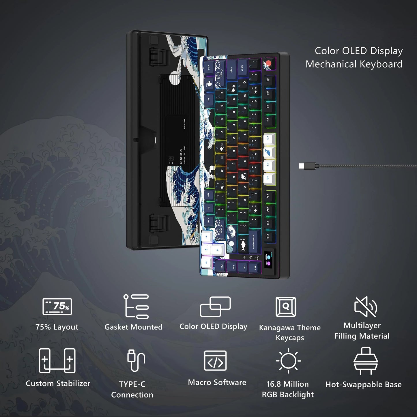 Wired Mechanical Gaming Keyboard with OLED Screen and RGB Backlighting