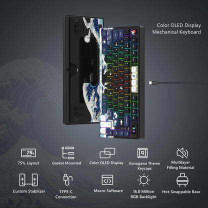 Wired Mechanical Gaming Keyboard with OLED Screen and RGB Backlighting
