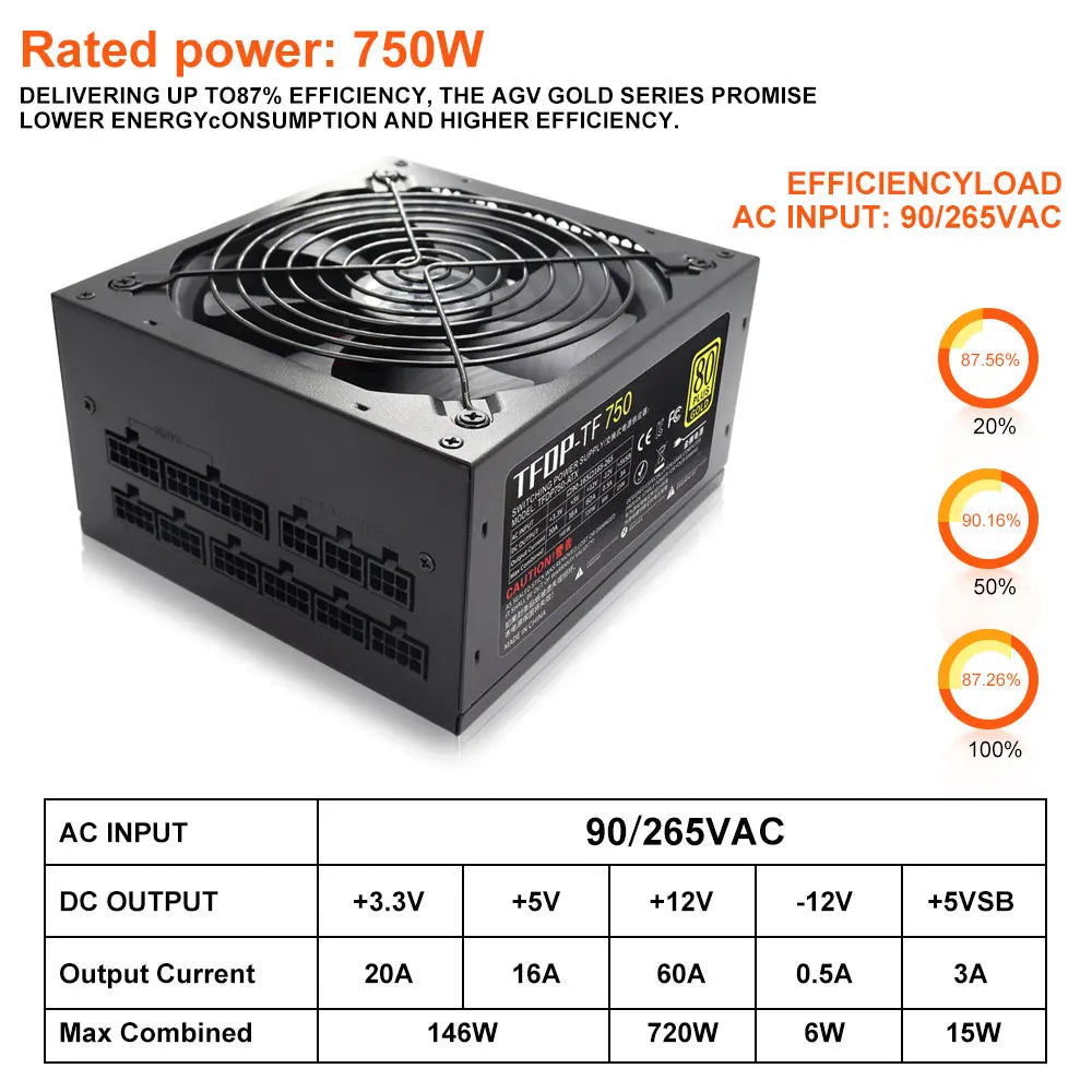 1PC 750w 110V/220V Full Module PC Power Supply Active Gold 80 Plus 24pin ATX New Fonte PFC Gamer Source Gaming PC Power Supply