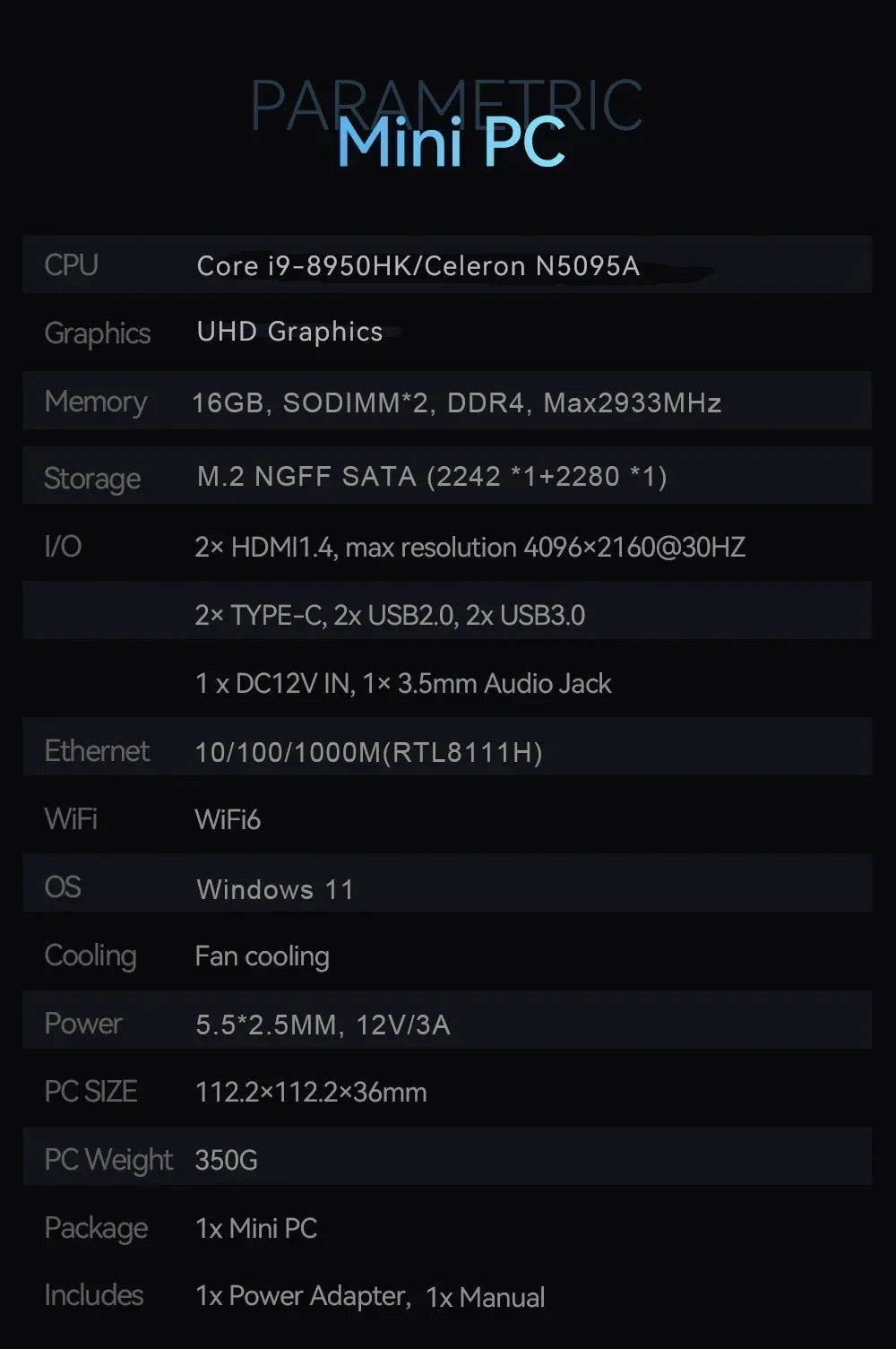 Mini PC Windows 11 pro  Core i9 8950HK 16GB DDR4 1TB SSD PC Gamer Computer Dual WIFI 6 BT5.2 4K HD Mini gaming Pc