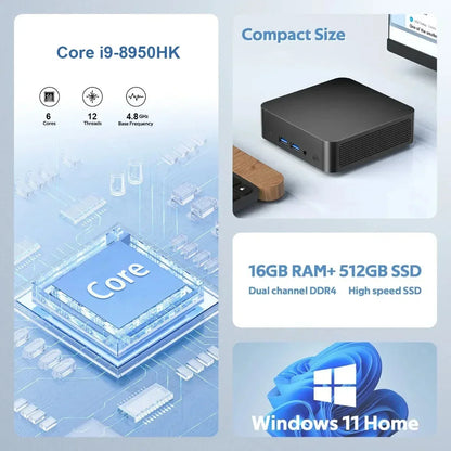 Portable MINI PC Core i9 8950HK Windows 11 Pro DDR4 16GB SSD 1TB 2TB Computer Gamer Wifi 6 BT5.2 Office UHD Desktop Desktop PC
