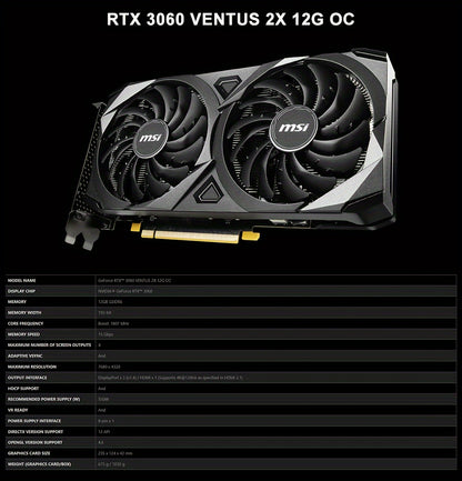 MSI GeForce RTX 3060 VENTUS 2X 12G OC GAMING Graphics Card 192bit 12GB GDDR6 Video Cards 1HD 3DP
