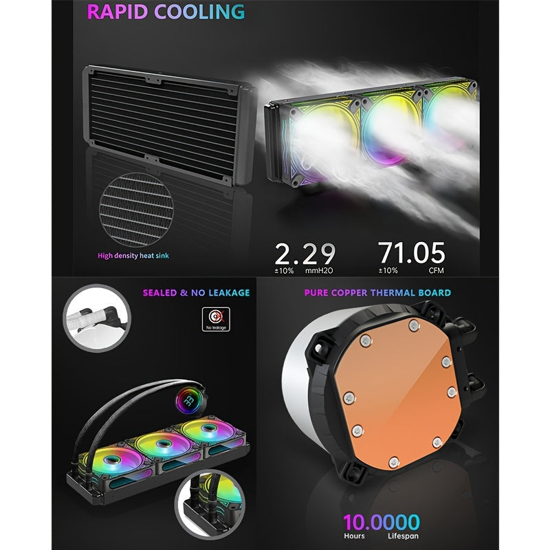 360MM Black ARGB Liquid CPU Water Cooling With 3 X 120mm ARGB PWM Fan, Temperature Display, Computer Water Cooling