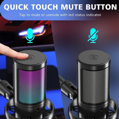 USB Condenser Microphone - Plug-and-Play for PC, PS4, PS5, Mac, and Phone with Touch Mute, Brilliant RGB Lighting, Gain Knob, Monitoring Jack, and Volume Control for Streaming, Podcasting, and Online Calls - NJSJ Brand