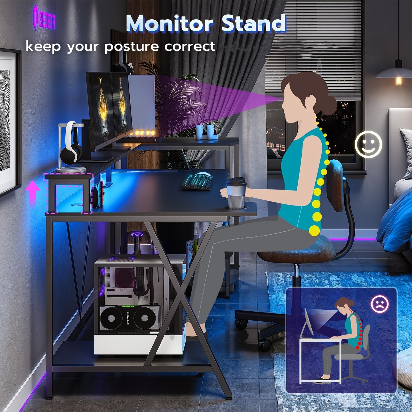 [Gaming Desk, LED Lights] 55'' Large Gaming Desk With LED Lights, Storage Shelves, Monitor Stand, Power Outlets And Cup Holder, Computer Desk, PC Gamer Desk, Gaming Table For Bedroom Living Room, Black