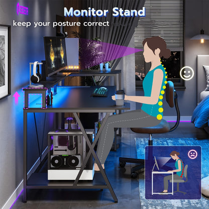 [Gaming Desk, LED Lights] 55'' Large Gaming Desk With LED Lights, Storage Shelves, Monitor Stand, Power Outlets And Cup Holder, Computer Desk, PC Gamer Desk, Gaming Table For Bedroom Living Room, Black