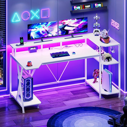 [Gaming Desk, LED Lights] 55'' Large Gaming Desk With LED Lights, Storage Shelves, Monitor Stand, Power Outlets And Cup Holder, Computer Desk, PC Gamer Desk, Gaming Table For Bedroom Living Room, Black