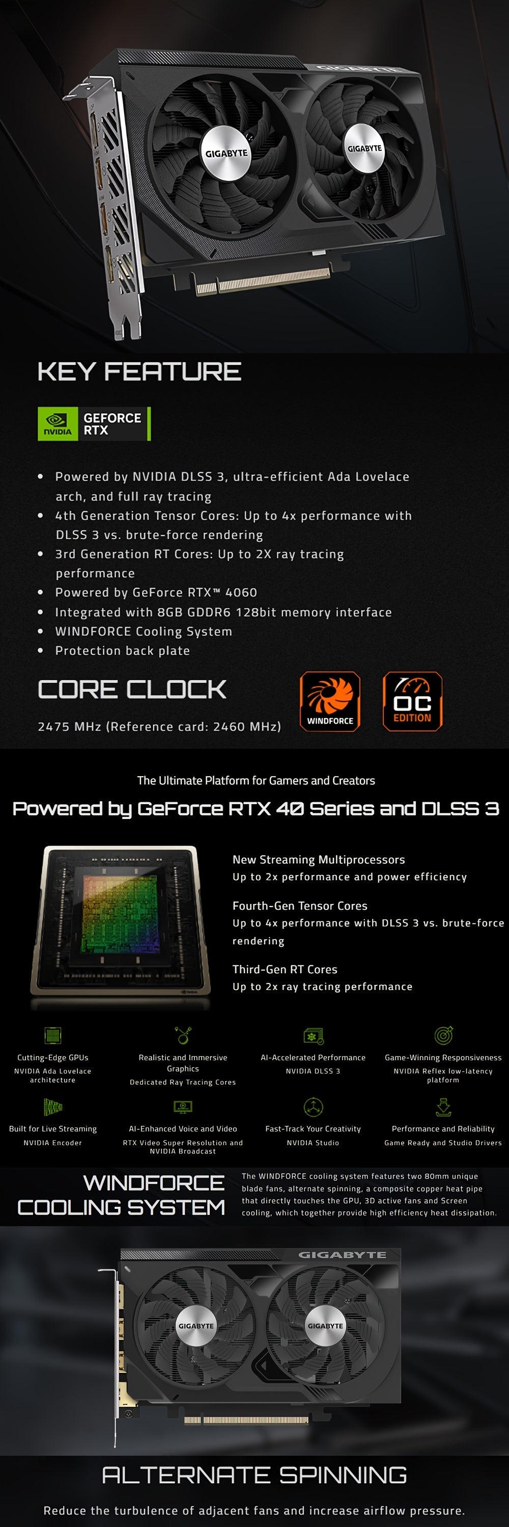 GIGABYTE RTX4060 WINDFORCE OC 8G - Overclocked NVIDIA GeForce Graphics Card, GDDR6, 17Gbps, PCI-E4.0, 128bit, Desktop GPU with DisplayPort & HDTV Outputs, Sleek Design with Dual Fan Cooling