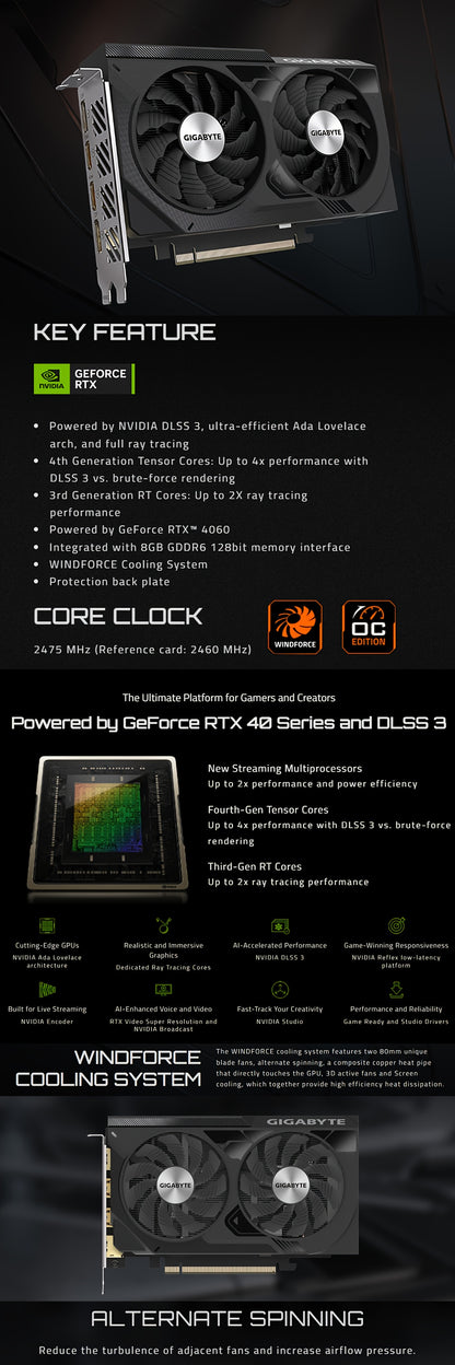 GIGABYTE RTX4060 WINDFORCE OC 8G - Overclocked NVIDIA GeForce Graphics Card, GDDR6, 17Gbps, PCI-E4.0, 128bit, Desktop GPU with DisplayPort & HDTV Outputs, Sleek Design with Dual Fan Cooling