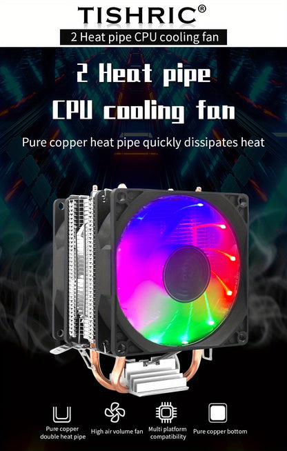 TISHRIC CPU Processor Cooler Cooling Fan RGB 3Pin PWM 2 Heat Pipes CPU Cooler Radiator PC Fan For Intel 1200 1150 1151 1155 1700 AM3 AM4.