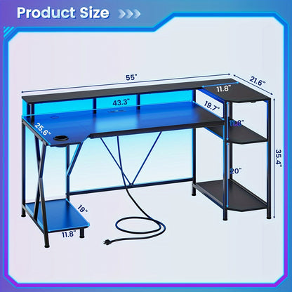 [Gaming Desk, LED Lights] 55'' Large Gaming Desk With LED Lights, Storage Shelves, Monitor Stand, Power Outlets And Cup Holder, Computer Desk, PC Gamer Desk, Gaming Table For Bedroom Living Room, Black