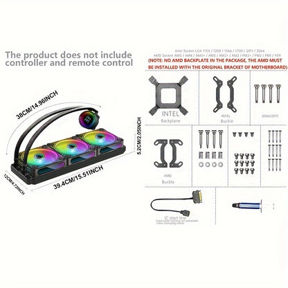 360MM Black ARGB Liquid CPU Water Cooling With 3 X 120mm ARGB PWM Fan, Temperature Display, Computer Water Cooling