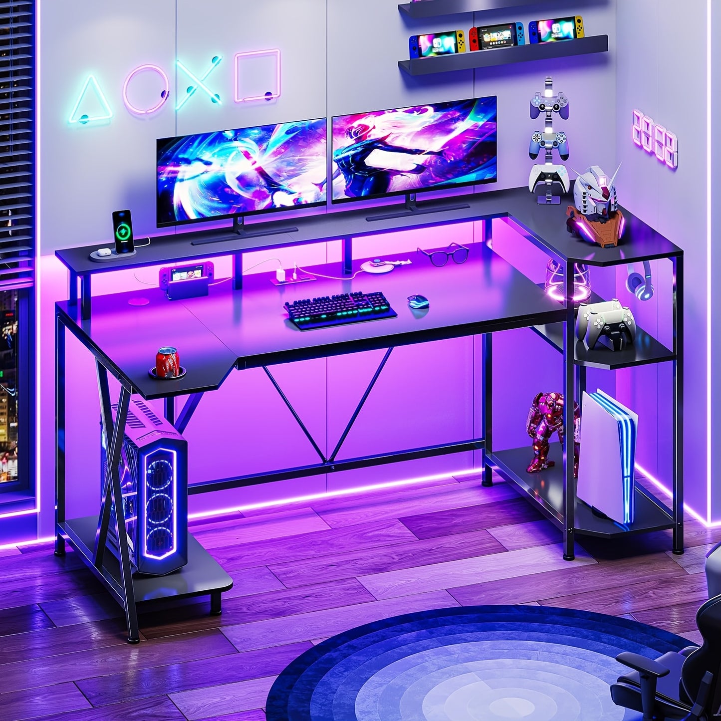 [Gaming Desk, LED Lights] 55'' Large Gaming Desk With LED Lights, Storage Shelves, Monitor Stand, Power Outlets And Cup Holder, Computer Desk, PC Gamer Desk, Gaming Table For Bedroom Living Room, Black
