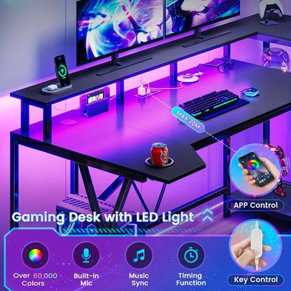 [Gaming Desk, LED Lights] 55'' Large Gaming Desk With LED Lights, Storage Shelves, Monitor Stand, Power Outlets And Cup Holder, Computer Desk, PC Gamer Desk, Gaming Table For Bedroom Living Room, Black