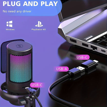 USB Condenser Microphone - Plug-and-Play for PC, PS4, PS5, Mac, and Phone with Touch Mute, Brilliant RGB Lighting, Gain Knob, Monitoring Jack, and Volume Control for Streaming, Podcasting, and Online Calls - NJSJ Brand